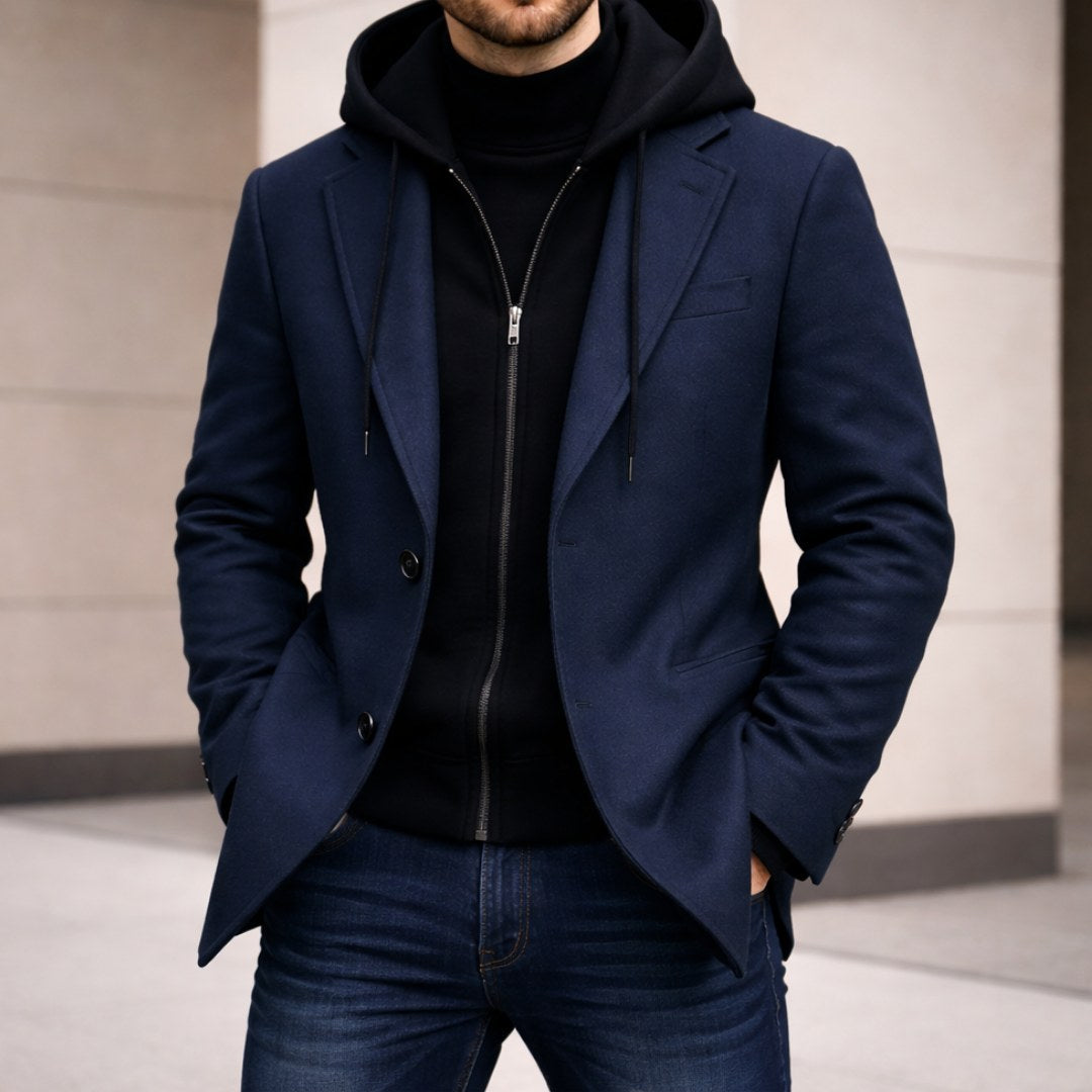 Connor | Herren-Mantel mit Double-Layer-Optik und tailliertem Schnitt, Mantel aus strukturiertem Wollmix | Nomadnts | Marineblau