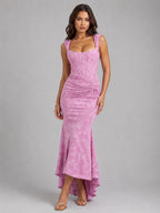 Cora | Damen Blumen-Corset-Maxikleid, Maxikleid mit asymmetrischem Saum | Nomadnts | Pink