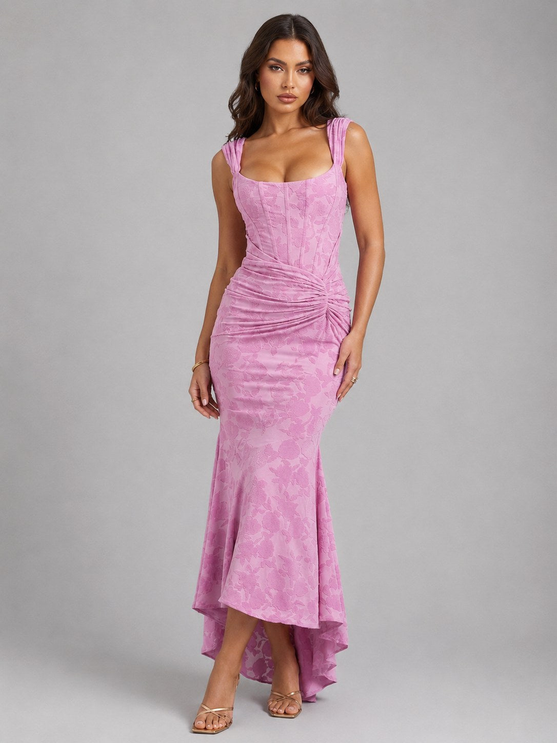 Cora | Damen Blumen-Corset-Maxikleid, Maxikleid mit asymmetrischem Saum | Nomadnts | Pink