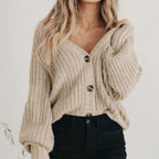 Coralie | Damen Oversized Grobstrick-Cardigan, V-Ausschnitt mit Ballonärmeln | Nomadnts | Grey