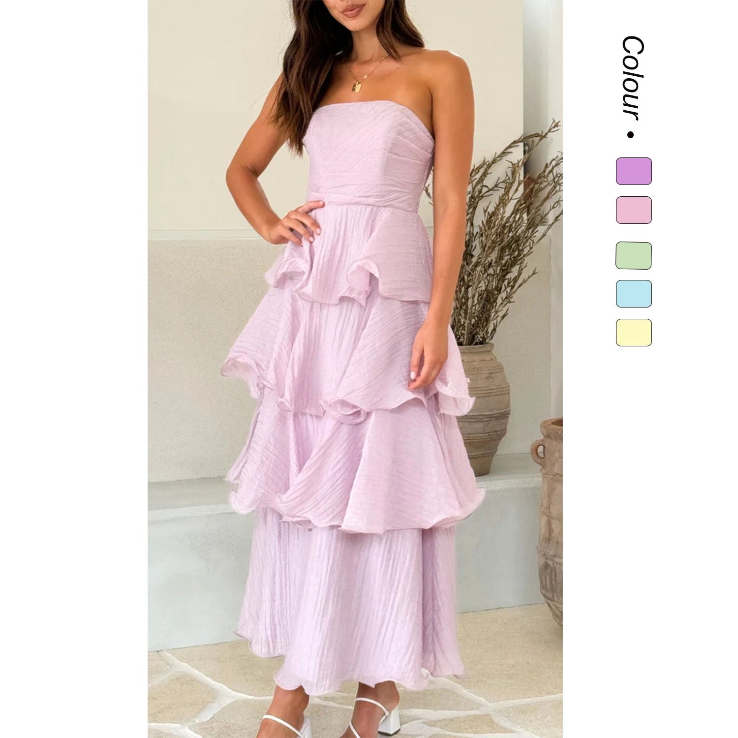 Danielle | Damen trägerloses gestuftes Maxikleid, Rüschen-Kleid für Hochzeitsgäste | Nomadnts | Pink