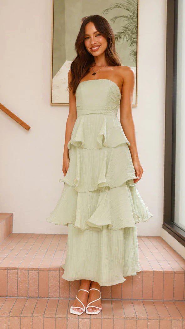 Danielle | Damen trägerloses gestuftes Maxikleid, Rüschen-Kleid für Hochzeitsgäste | Nomadnts | Nomadnts