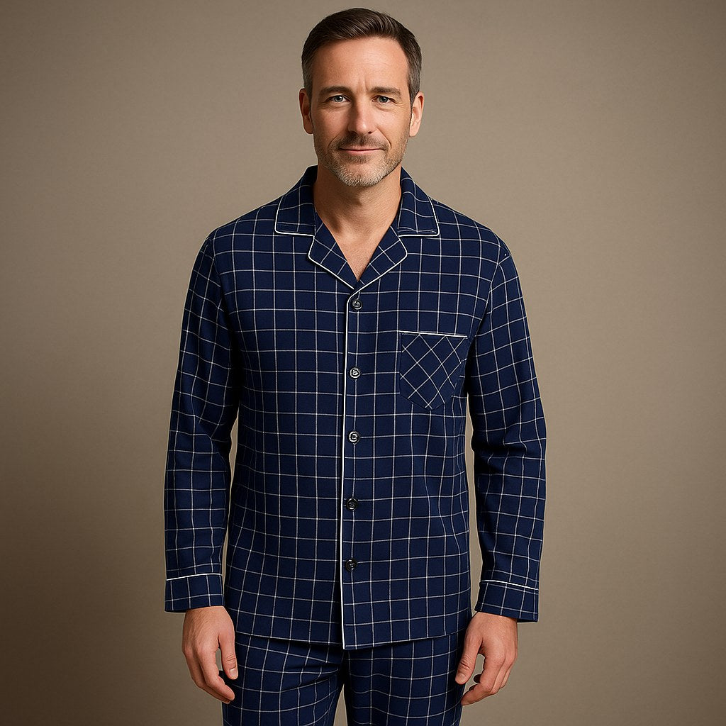 Dieter | Herren Gestreifter Pyjama mit langen Ärmeln, Zweiteiliges Schlafanzug-Set | Nomad NTS | Blauer Bayoux
