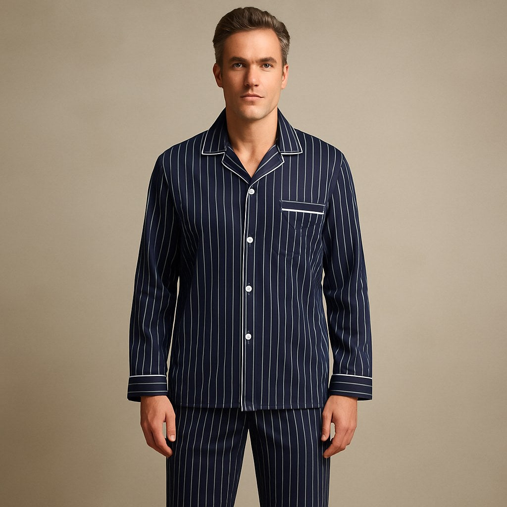 Dieter | Herren Gestreifter Pyjama mit langen Ärmeln, Zweiteiliges Schlafanzug-Set | Nomad NTS | Eisengrau