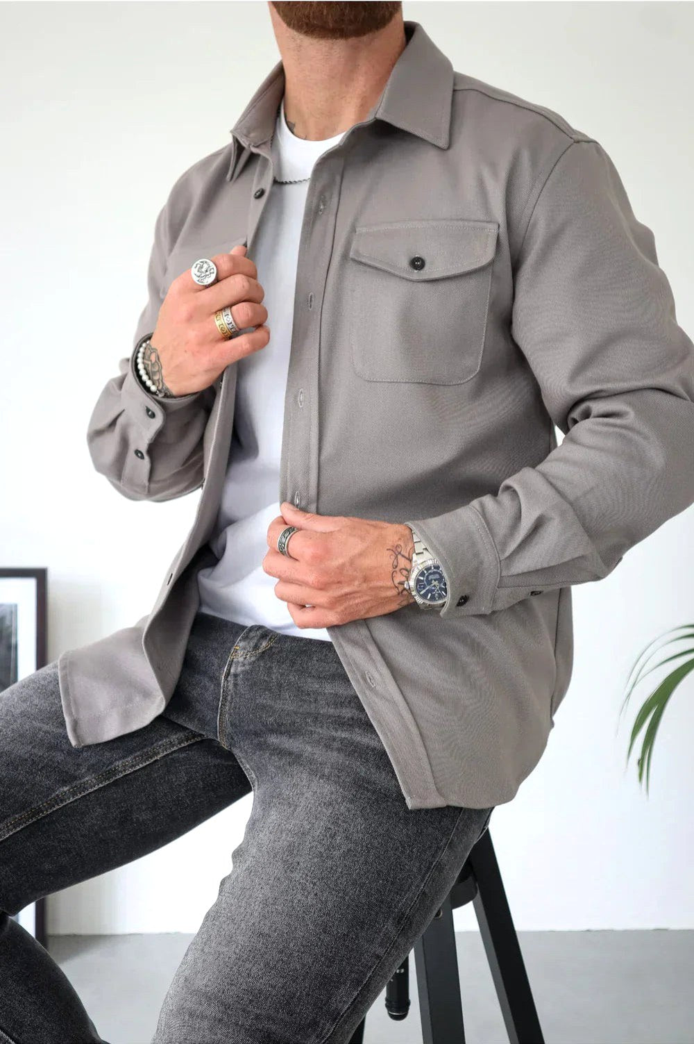 Dominic | Herren langärmelige Hemdjacke mit Knopfleiste, locker geschnittenes Overshirt | Nomadnts | Grey