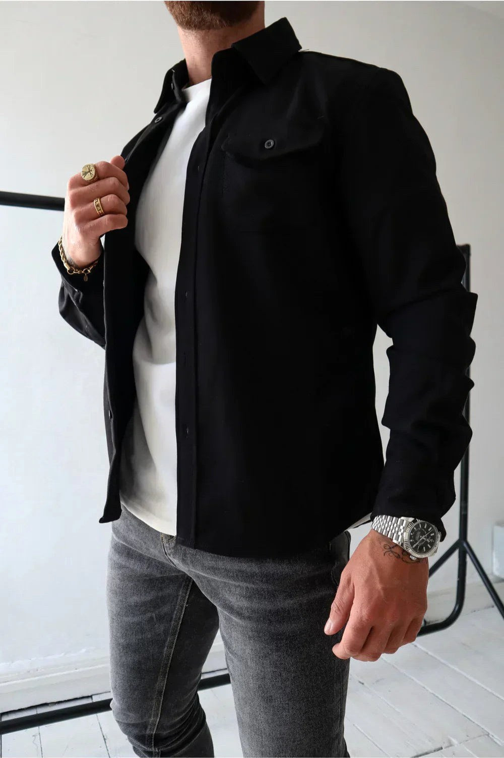 Dominic | Herren langärmelige Hemdjacke mit Knopfleiste, locker geschnittenes Overshirt | Nomadnts | Dark Grey