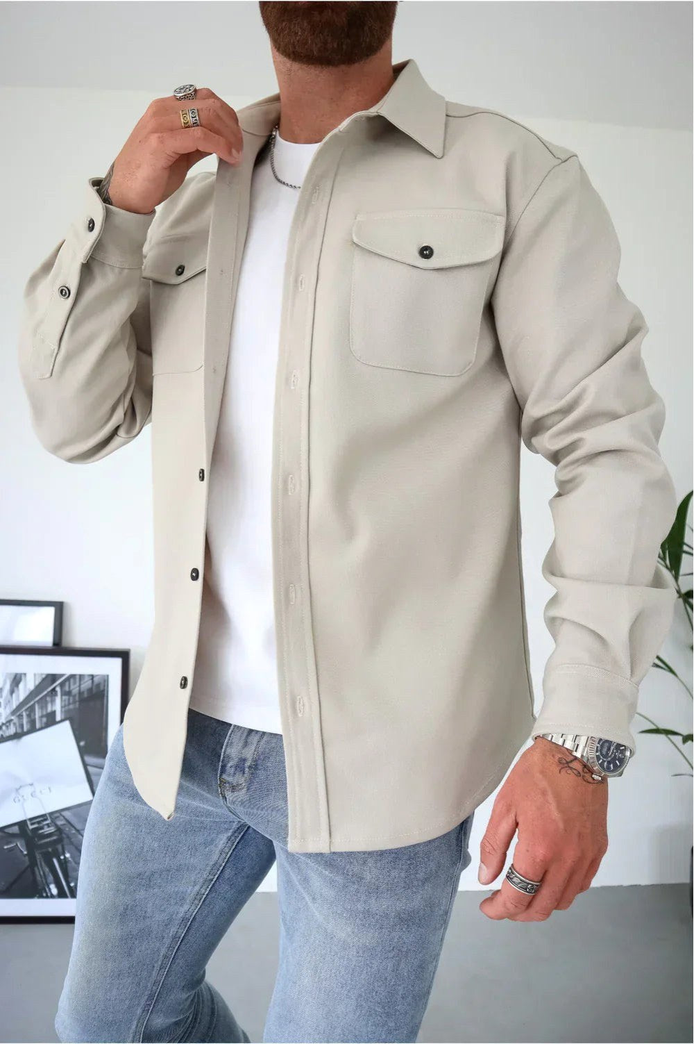 Dominic | Herren langärmelige Hemdjacke mit Knopfleiste, locker geschnittenes Overshirt | Nomadnts | Stone