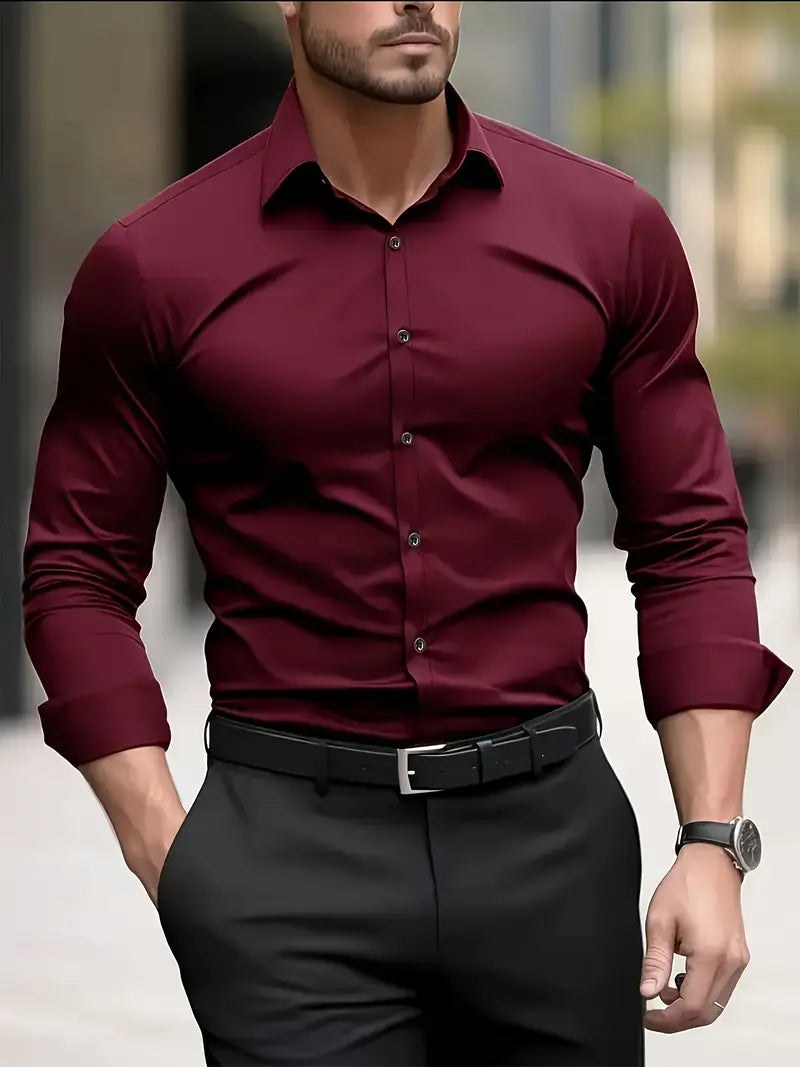 Edward | Herren langärmeliges atmungsaktives Hemd, schmal geschnittenes elegantes Hemd | Nomadnts | Bordeaux