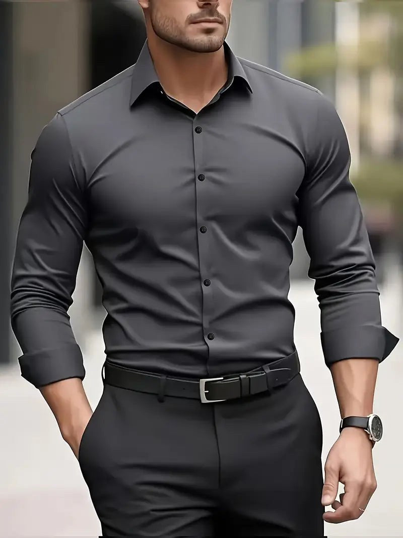 Edward | Herren langärmeliges atmungsaktives Hemd, schmal geschnittenes elegantes Hemd | Nomadnts | Dark grey