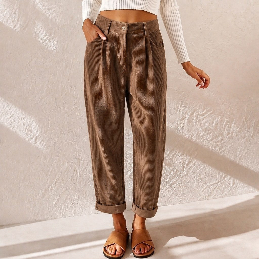 Eliane | Damen Cordhose mit hoher Taille und weitem Bein, Hose mit Bundfalten | Nomadnts | Blue