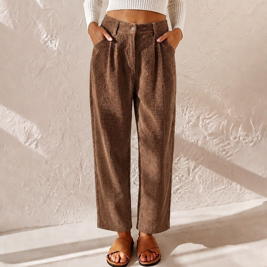 Eliane | Damen Cordhose mit hoher Taille und weitem Bein, Hose mit Bundfalten | Nomadnts | Black