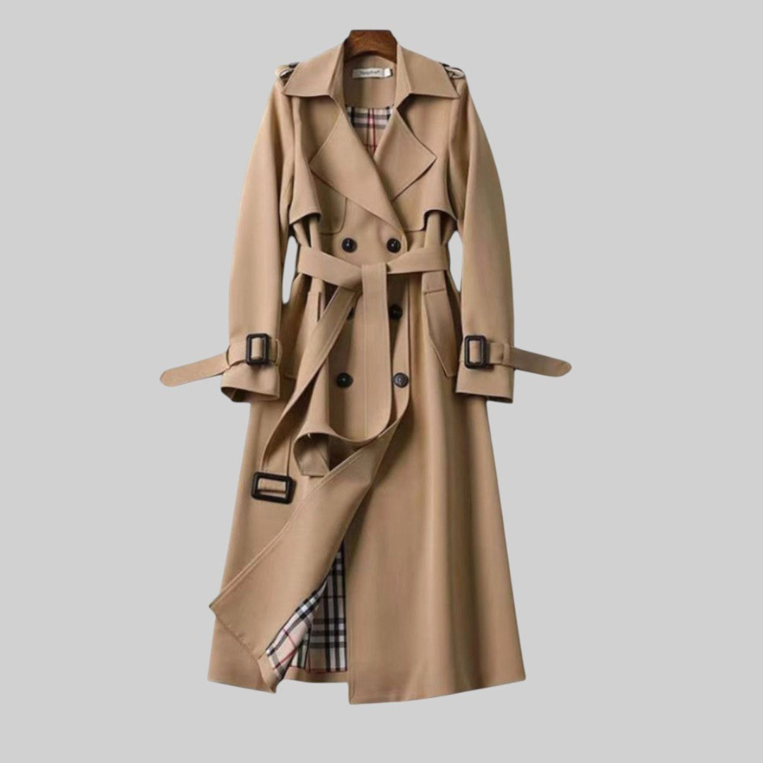 Eloise | Damen zweireihiger Trenchcoat mit Gürtel, langer Wintermantel | Nomadnts | Beige