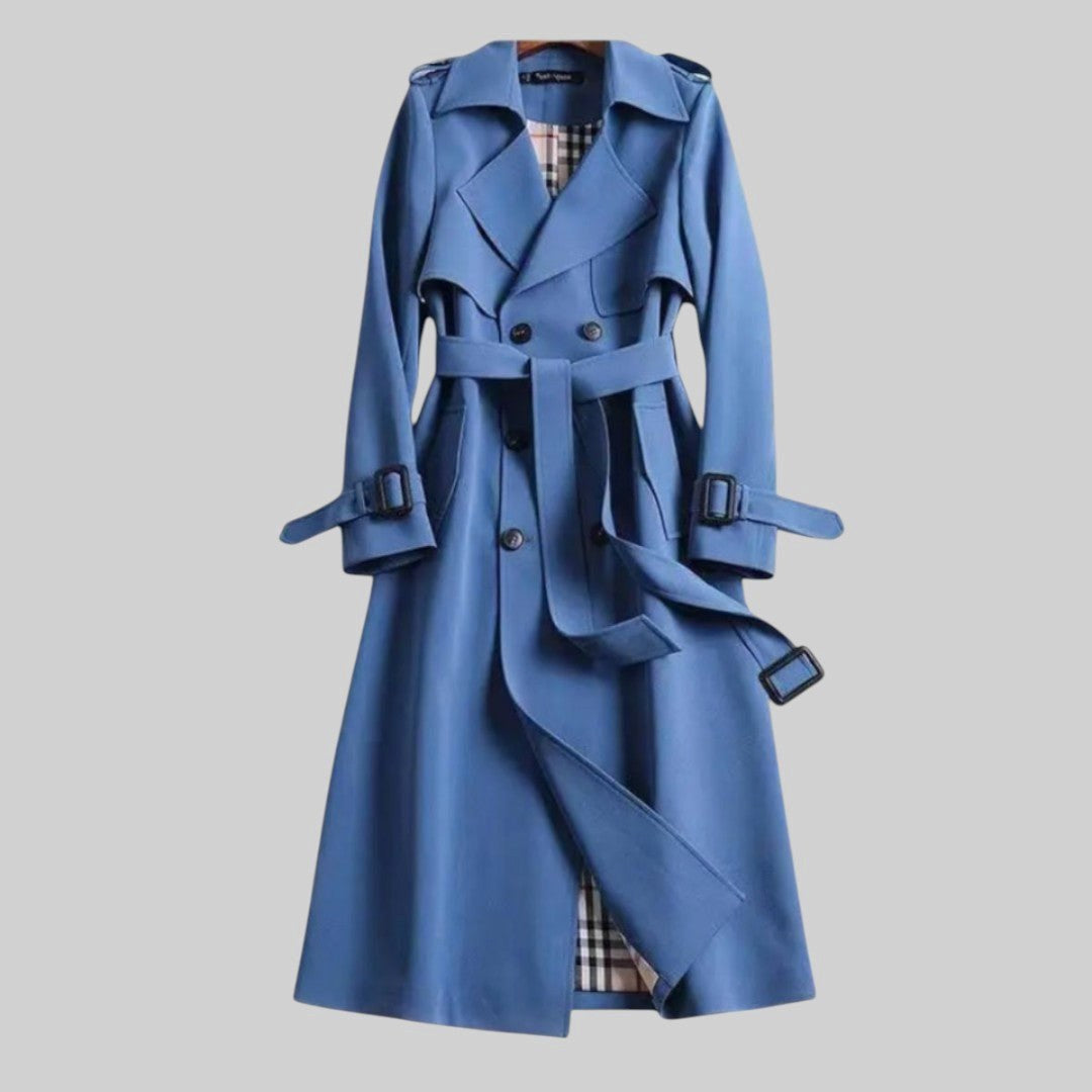 Eloise | Damen zweireihiger Trenchcoat mit Gürtel, langer Wintermantel | Nomadnts | Blue