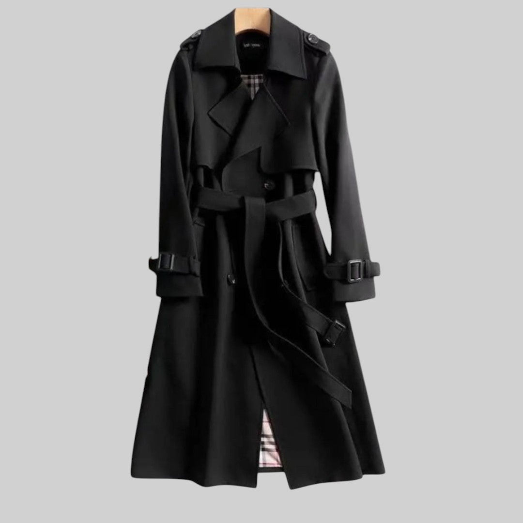 Eloise | Damen zweireihiger Trenchcoat mit Gürtel, langer Wintermantel | Nomadnts | Black