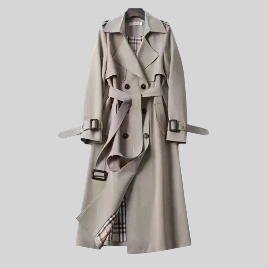 Eloise | Damen zweireihiger Trenchcoat mit Gürtel, langer Wintermantel | Nomadnts | Gray