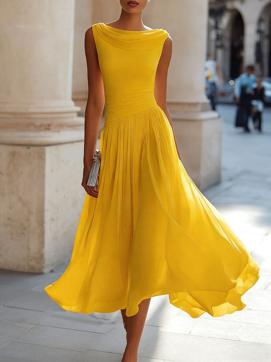 Elsie | Damen plissiertes Midikleid mit drapiertem Ausschnitt, strukturiertes Midikleid | Nomadnts | Nomadnts
