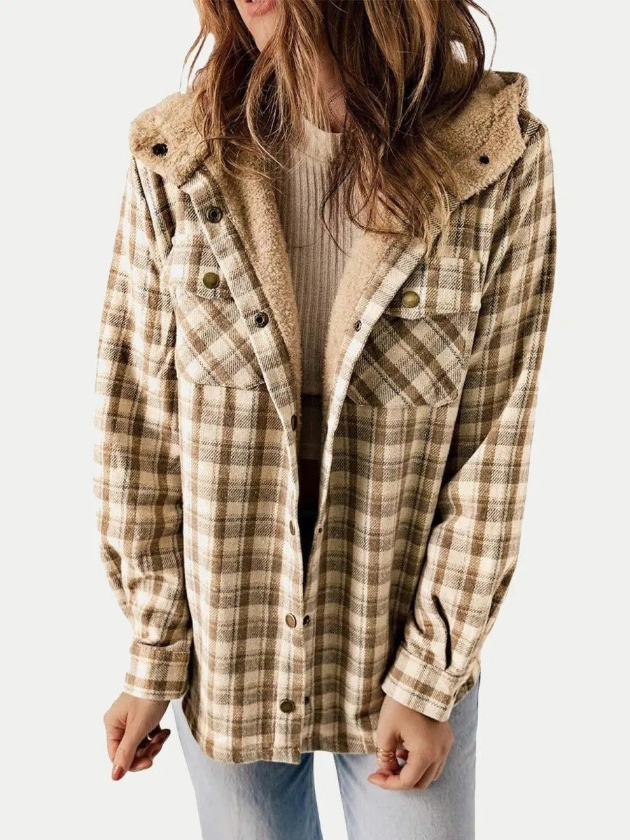 Eugenie | Damen Karo-Jacke mit Kapuze, Herbstjacke mit Knopfleiste | Nomadnts | Khaki