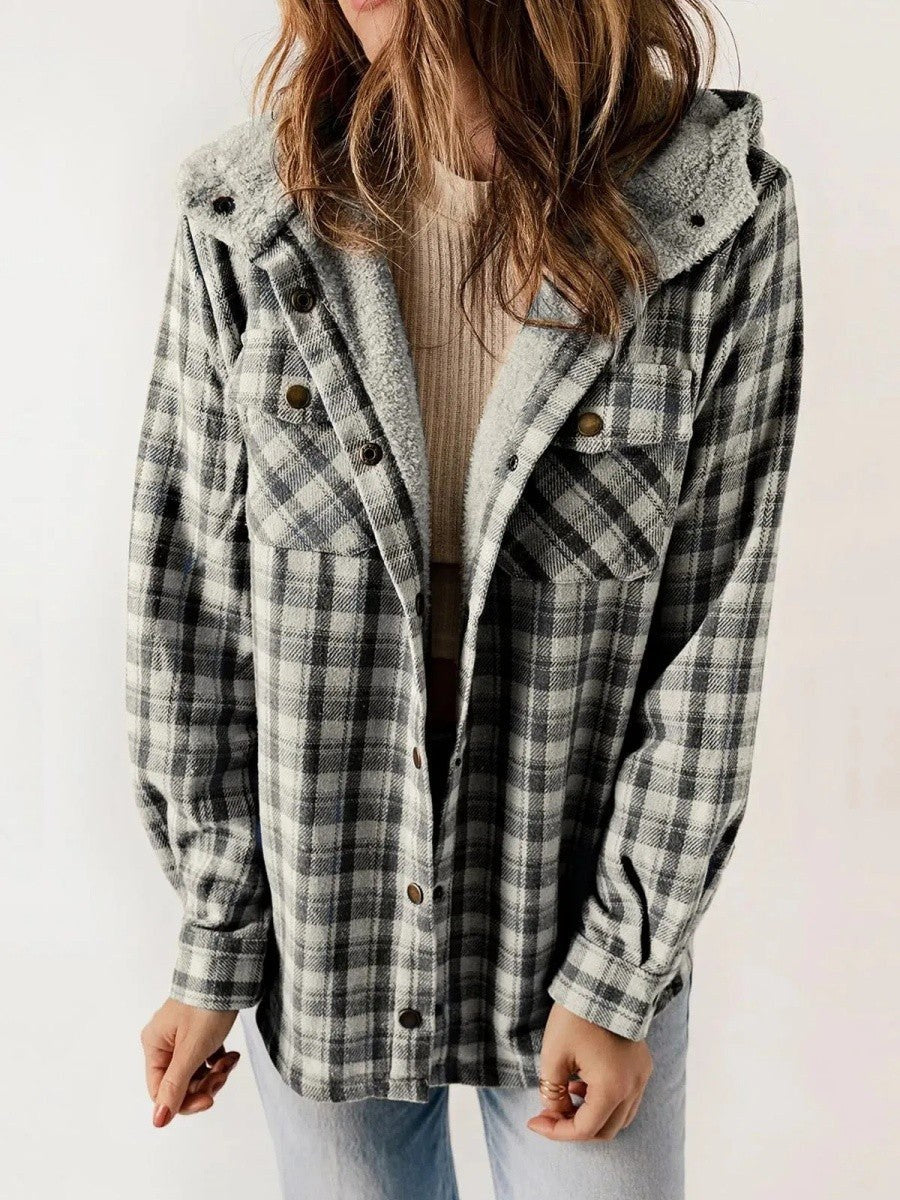 Eugenie | Damen Karo-Jacke mit Kapuze, Herbstjacke mit Knopfleiste | Nomadnts | Dark Grey