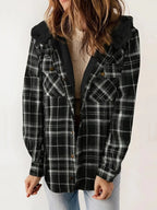 Eugenie | Damen Karo-Jacke mit Kapuze, Herbstjacke mit Knopfleiste | Nomadnts | Black