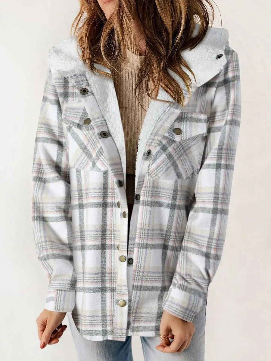 Eugenie | Damen Karo-Jacke mit Kapuze, Herbstjacke mit Knopfleiste | Nomadnts | White