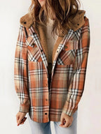 Eugenie | Damen Karo-Jacke mit Kapuze, Herbstjacke mit Knopfleiste | Nomadnts | Brown