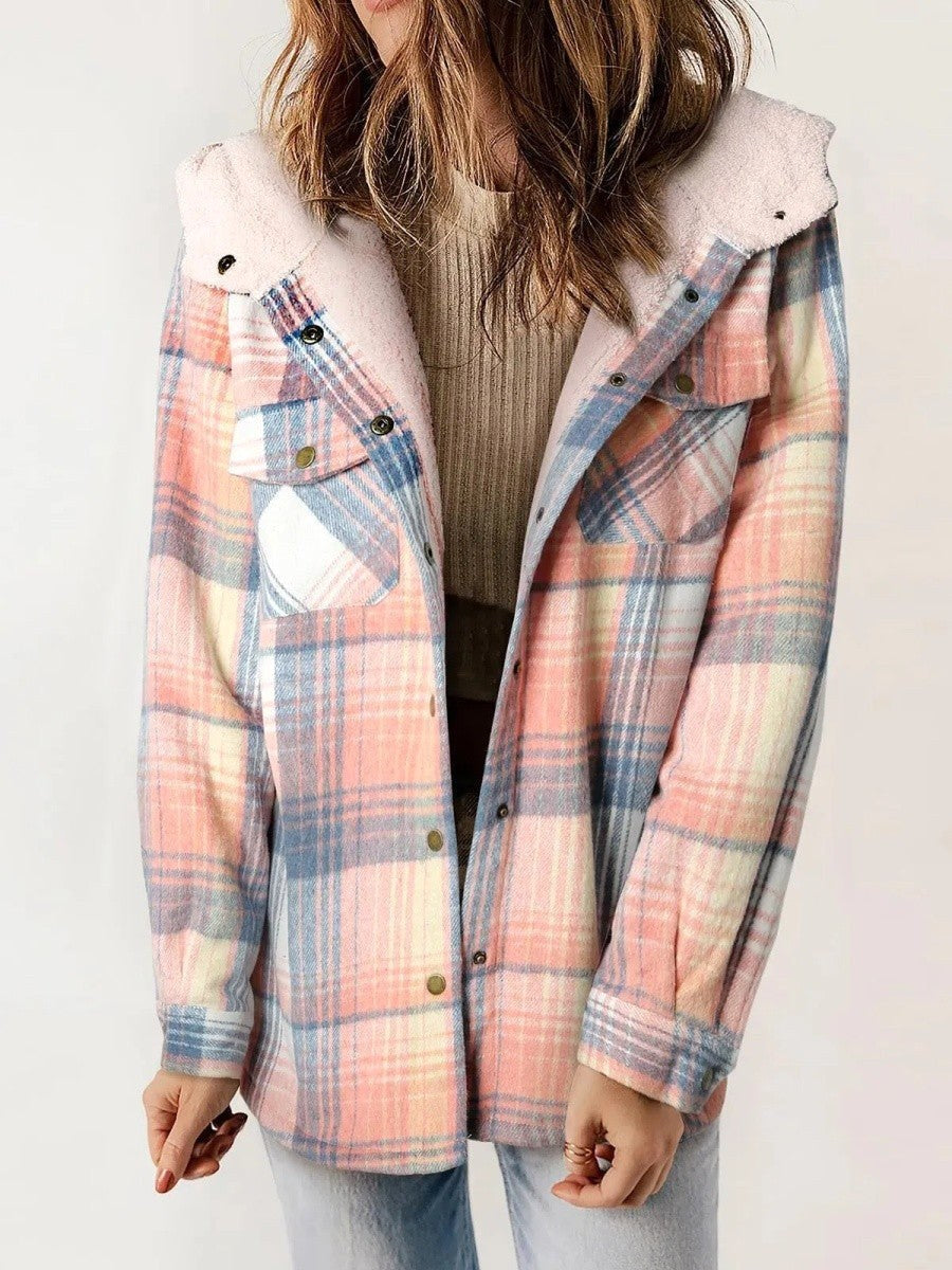 Eugenie | Damen Karo-Jacke mit Kapuze, Herbstjacke mit Knopfleiste | Nomadnts | Pink