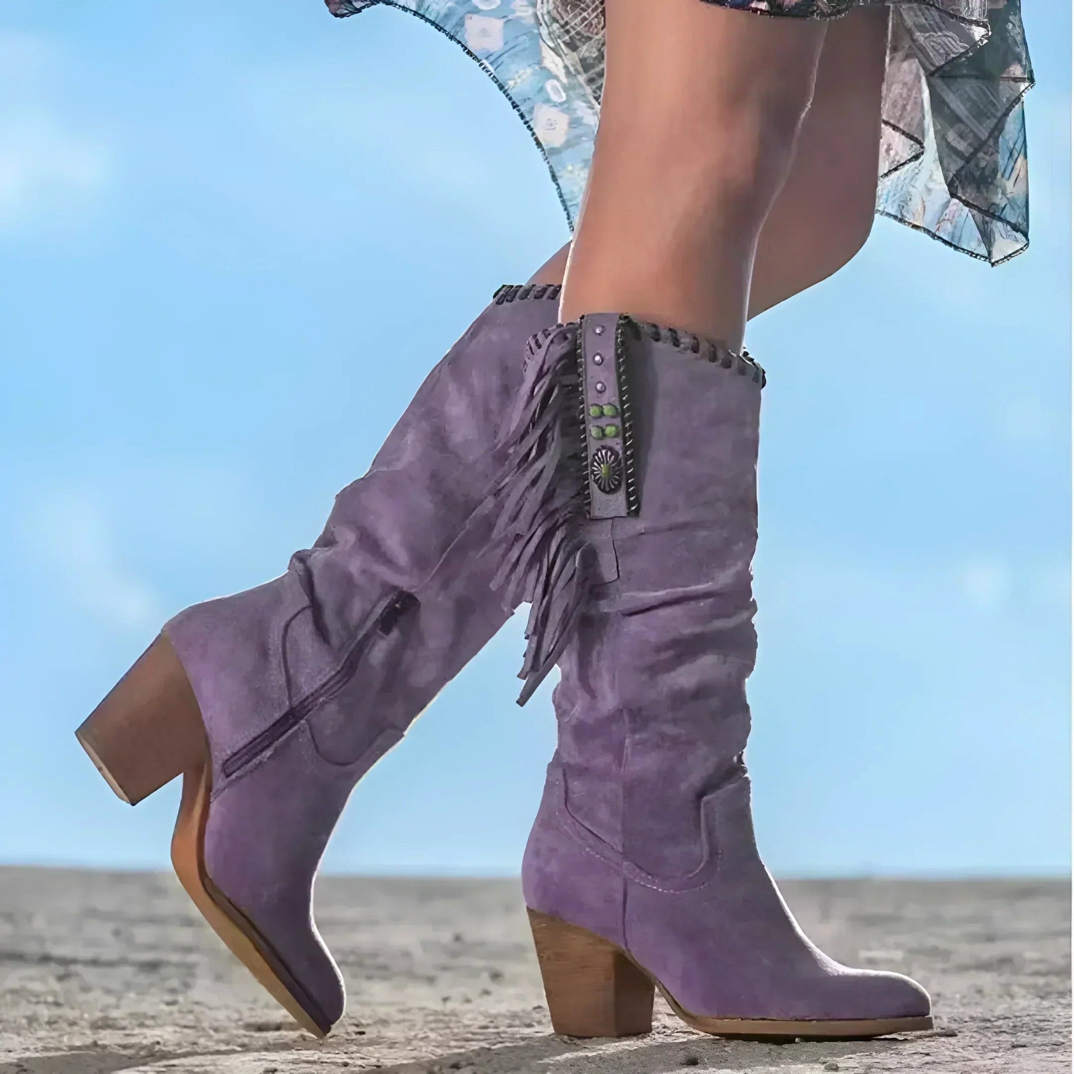 Evelyn | Damen Leder-Cowboystiefel, Western-Fransenstiefel | Nomadnts | Purple