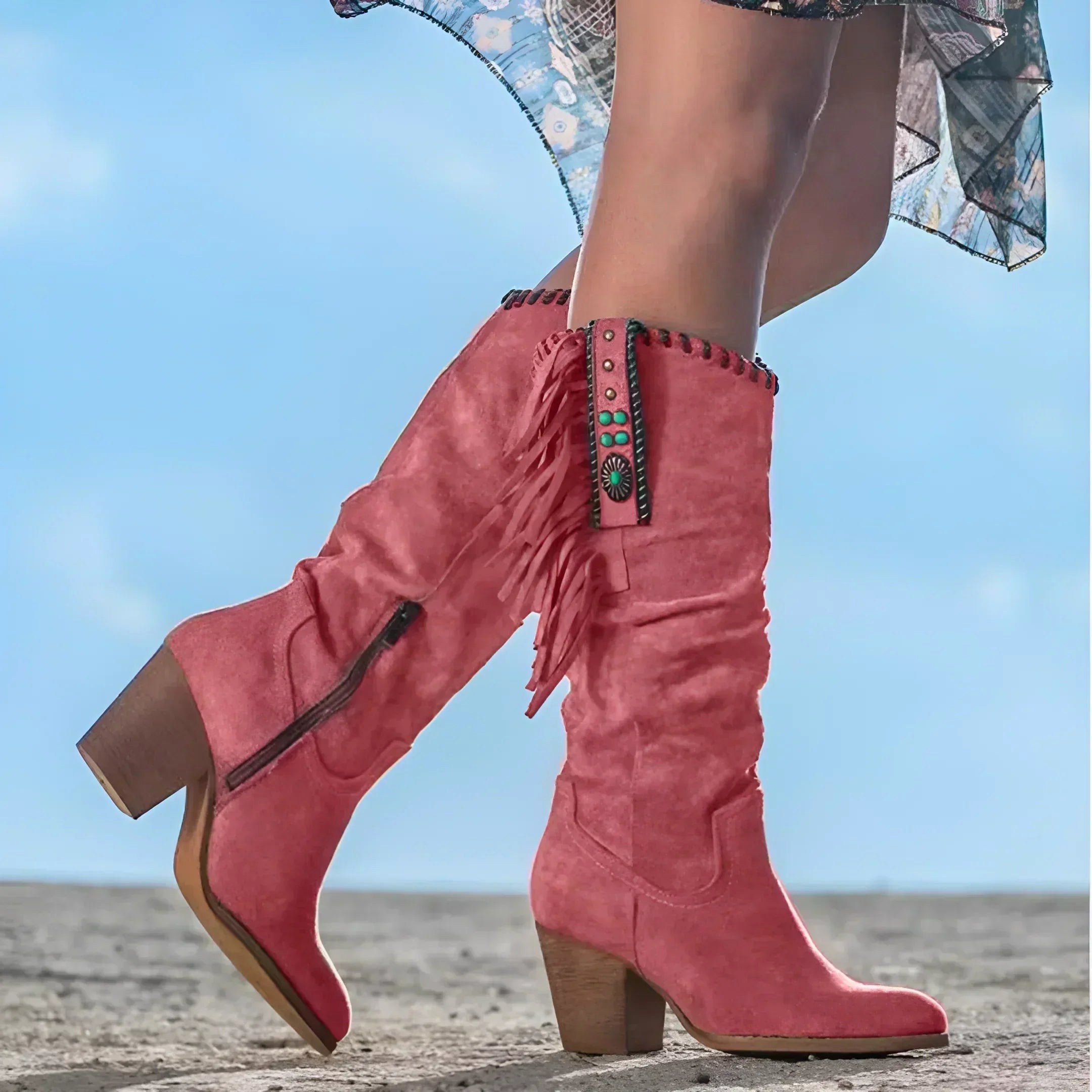 Evelyn | Damen Leder-Cowboystiefel, Western-Fransenstiefel | Nomadnts | Red