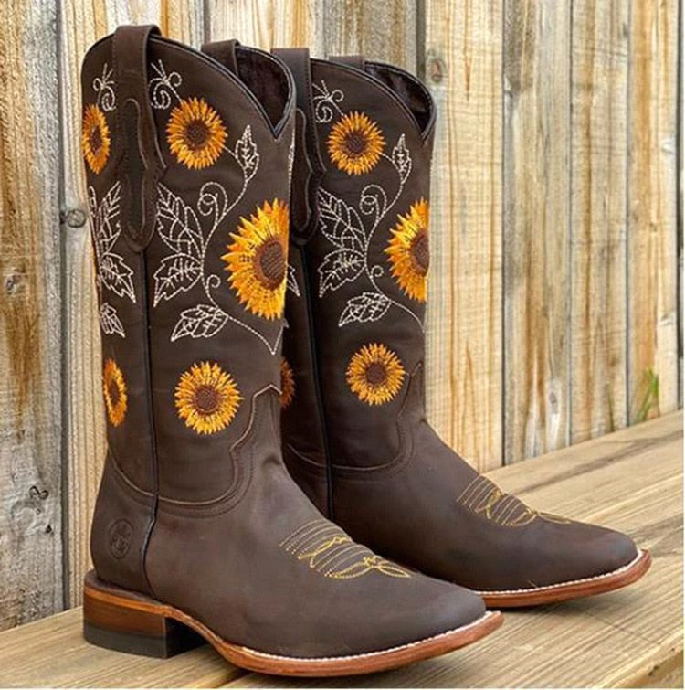Florence | Damen Stiefel im Bohemian-Stil, Stiefeletten mit Sonnenblumen-Muster | Nomadnts | Dark Brown