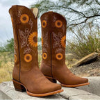 Florence | Damen Stiefel im Bohemian-Stil, Stiefeletten mit Sonnenblumen-Muster | Nomadnts | Brown