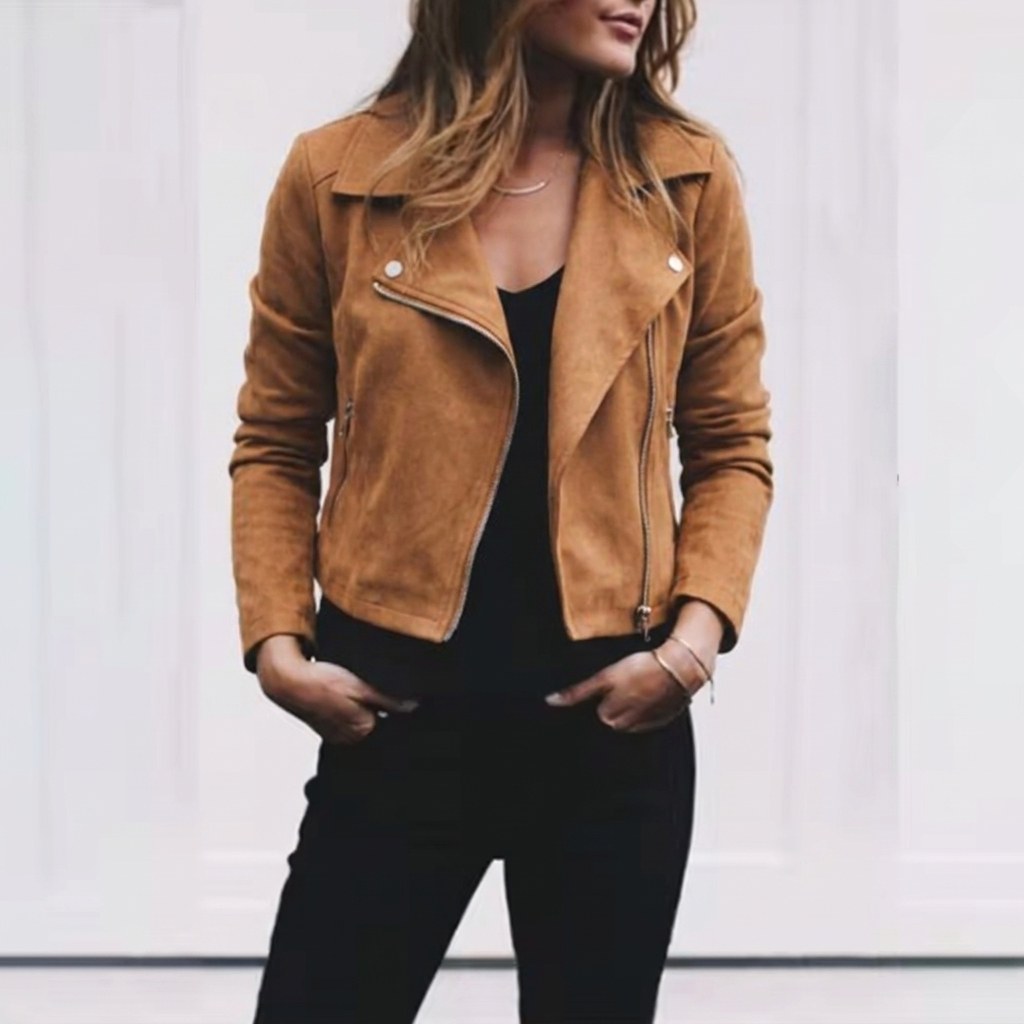 Florence | Damen verkürzte Wildlederjacke mit asymmetrischem Reißverschluss, Jacke im Moto-Stil | Nomadnts | Khaki