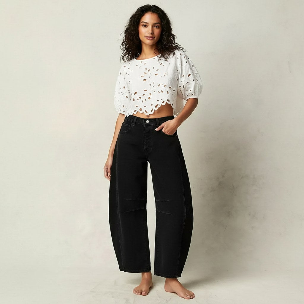 Freya | Damen locker geschnittene Barrel-Jeans, Denim-Jeans mit hoher Taille | Nomadnts | Schwarz