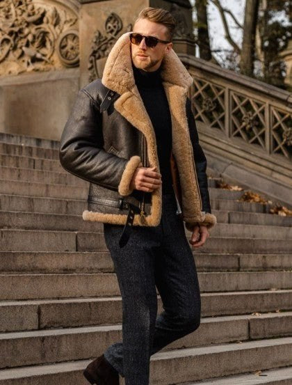 Garrett | Herren-Lederjacke mit Lammfellfutter, warmer Mantel im Fliegerstil | Nomadnts