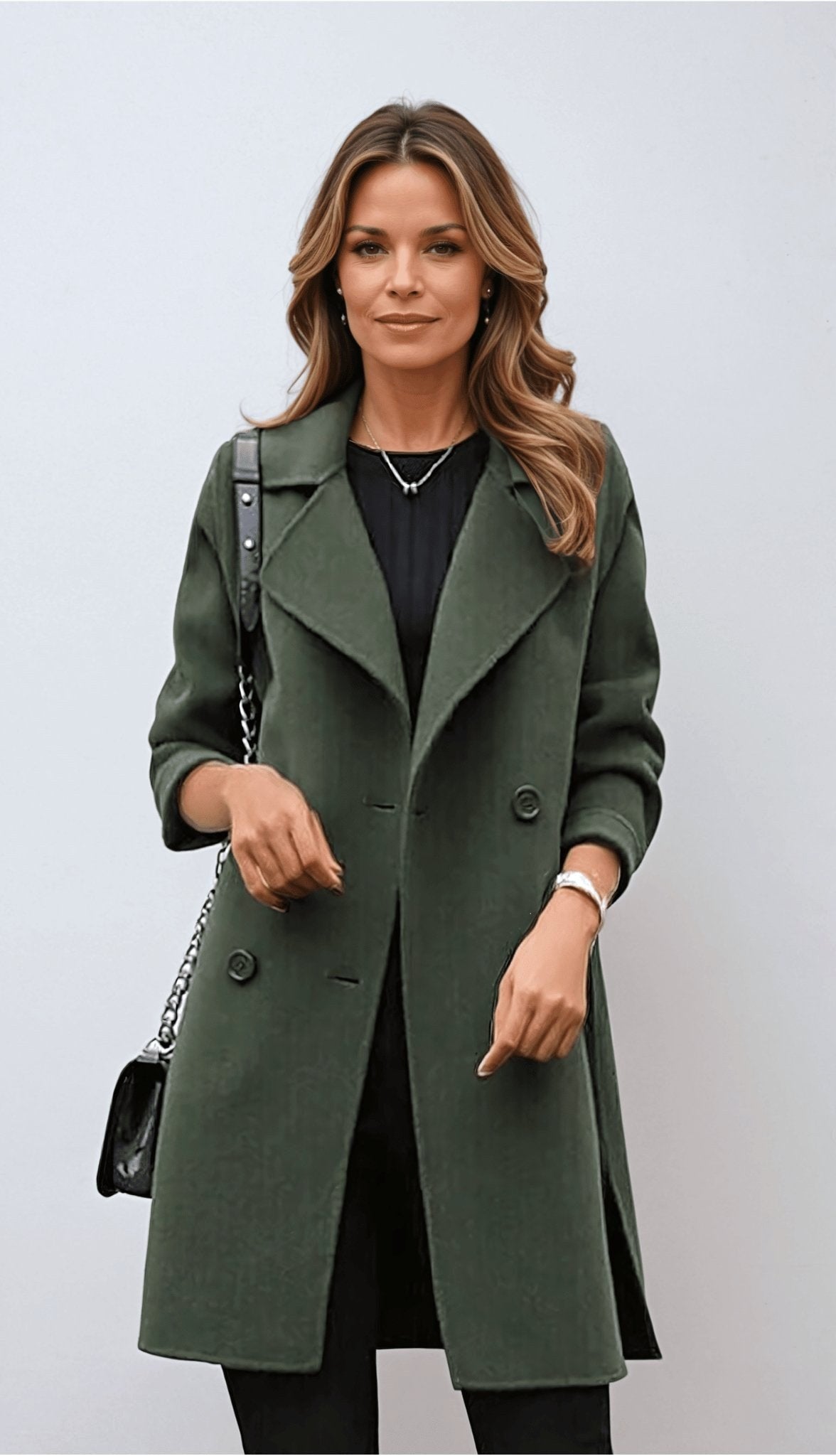 Genevieve | Damen zweireihiger mittellanger Mantel, Herbstmantel mit Reverskragen | Nomadnts | Army Green