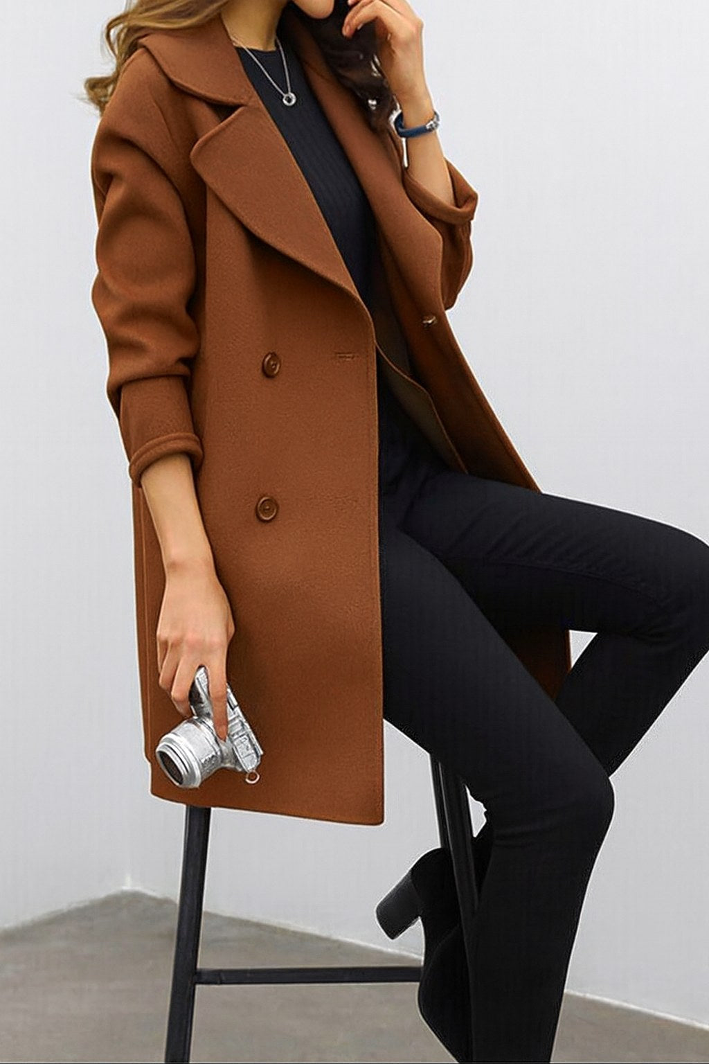 Genevieve | Damen zweireihiger mittellanger Mantel, Herbstmantel mit Reverskragen | Nomadnts | Black