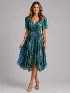 Georgia | Damen Midikleid mit V-Ausschnitt und fließender Silhouette, Kleid für Hochzeitsgäste | Nomadnts | Blue