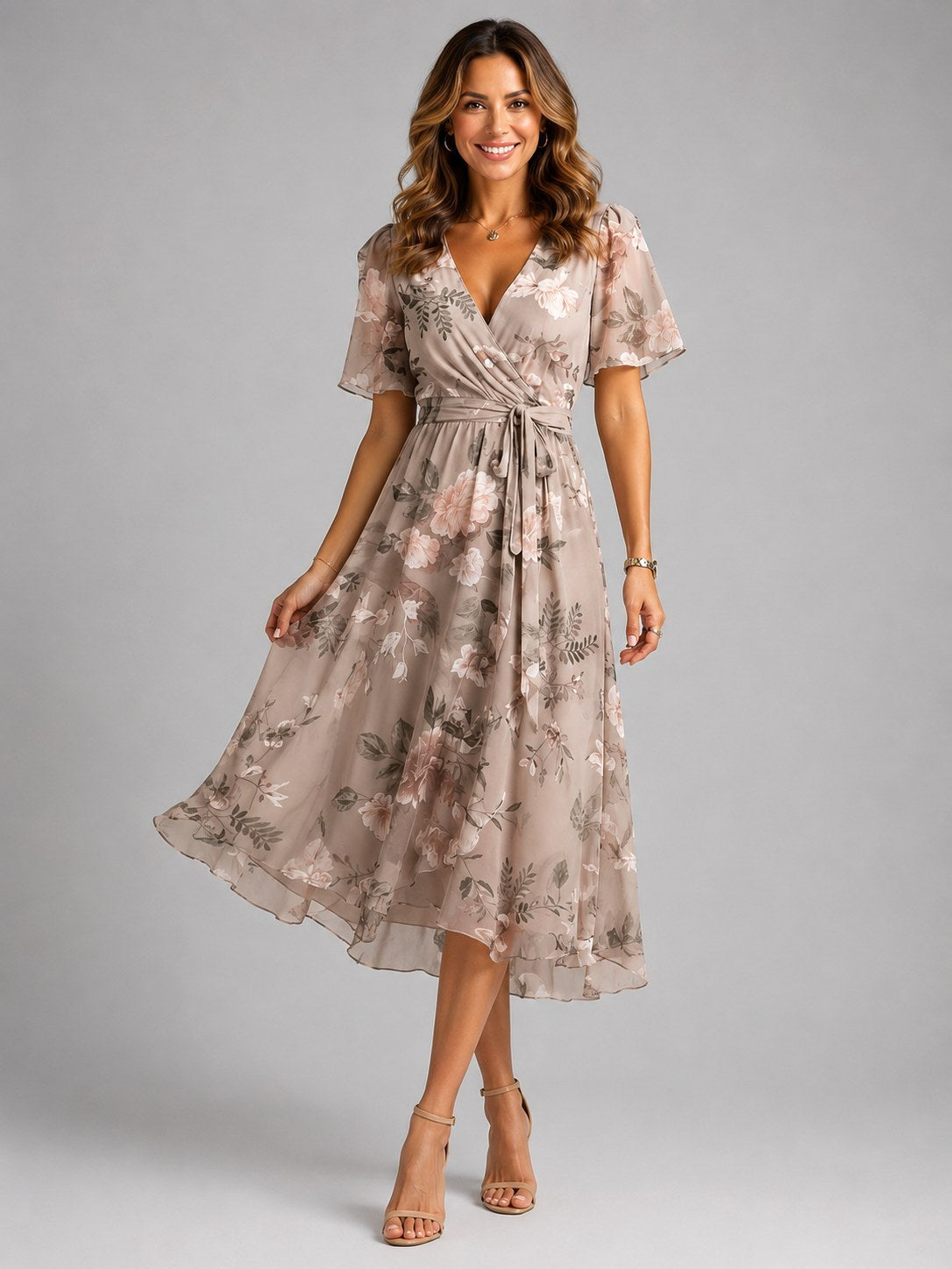 Georgia | Damen Midikleid mit V-Ausschnitt und fließender Silhouette, Kleid für Hochzeitsgäste | Nomadnts | Green