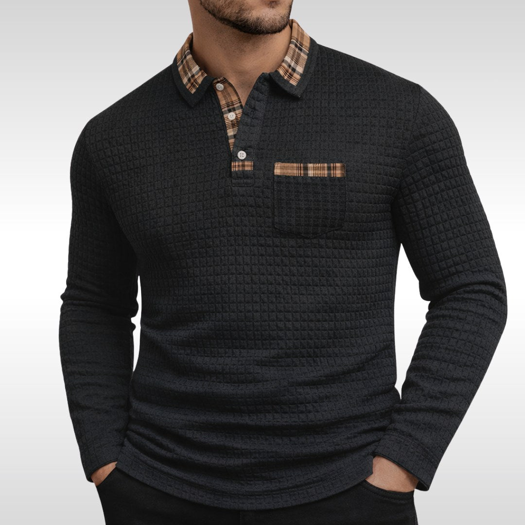 Günter | Herren-Poloshirt aus Waffelpiqué mit Karomuster, Klassisches Poloshirt | Nomad NTS | Black