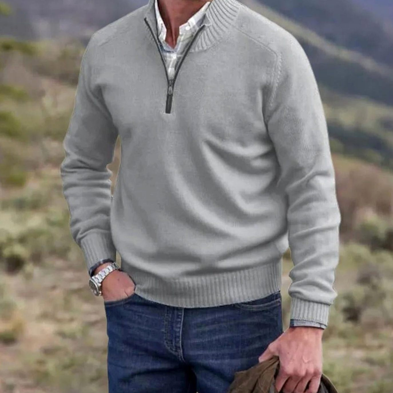 Gustav | Herren Strickpullover mit Reißverschluss und Stehkragen, Langarm Pullover | Nomad NTS | Black