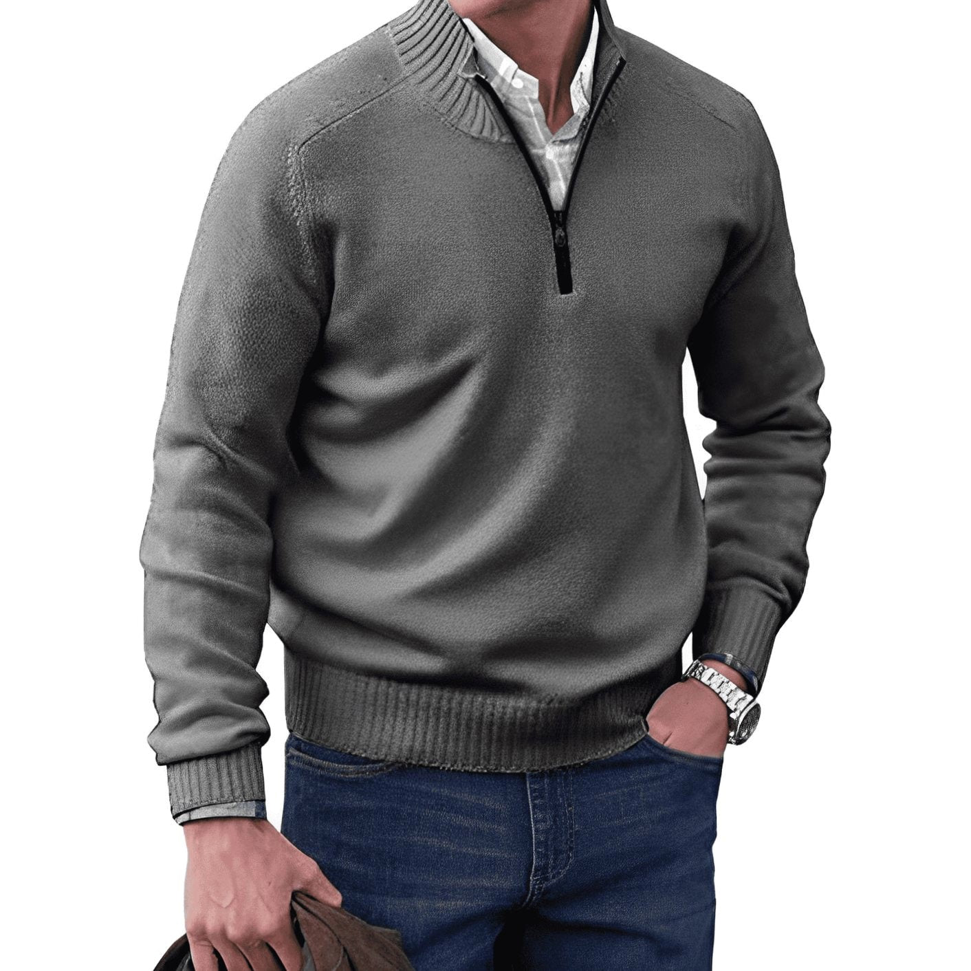 Gustav | Herren Strickpullover mit Reißverschluss und Stehkragen, Langarm Pullover | Nomad NTS | Dark Grey