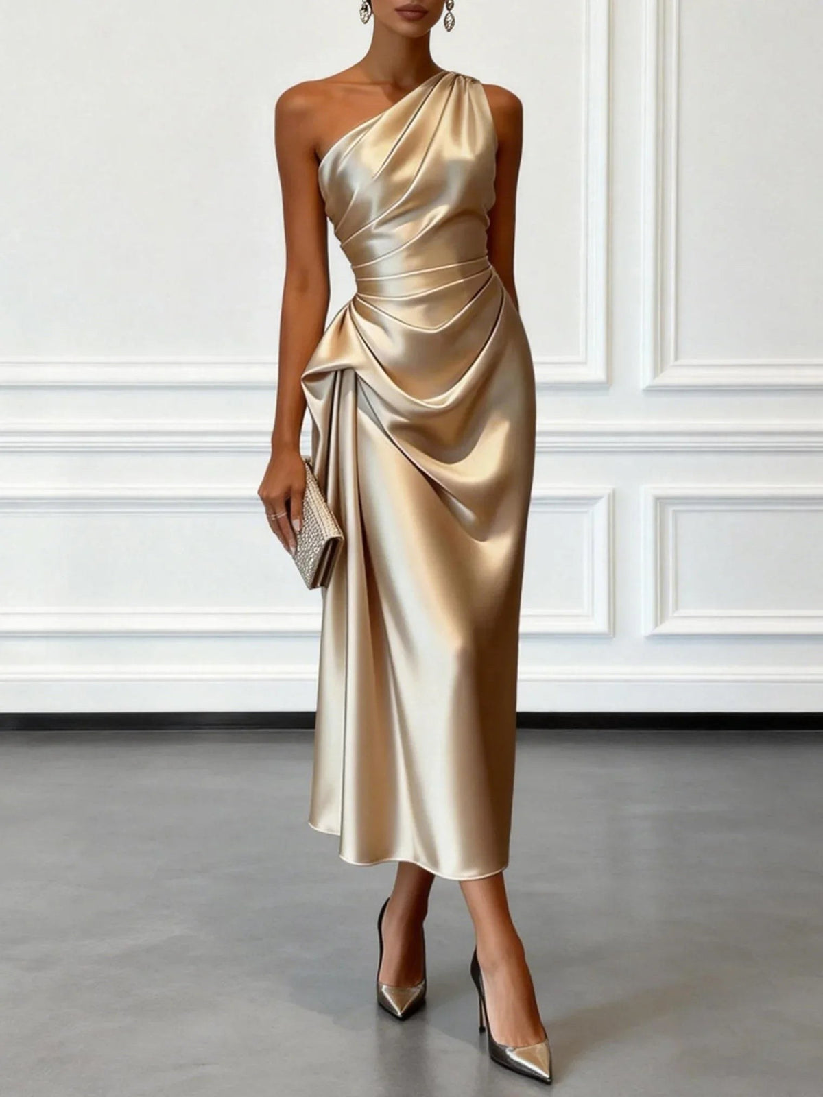 Helene | Damen Satin-Maxikleid mit One-Shoulder-Design, Elegantes Abendkleid | Nomad NTS