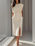Isabelle | Damen ärmelloses Midikleid mit Knopfleiste, A-Linien-Midikleid | Nomadnts | Beige