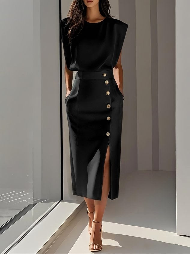 Isabelle | Damen ärmelloses Midikleid mit Knopfleiste, A-Linien-Midikleid | Nomadnts | Black