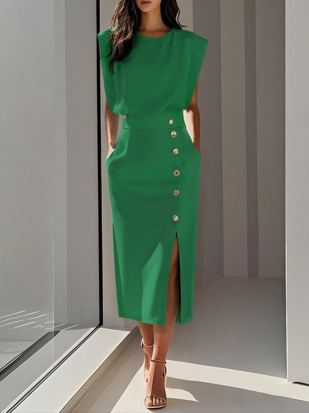 Isabelle | Damen ärmelloses Midikleid mit Knopfleiste, A-Linien-Midikleid | Nomadnts | Green