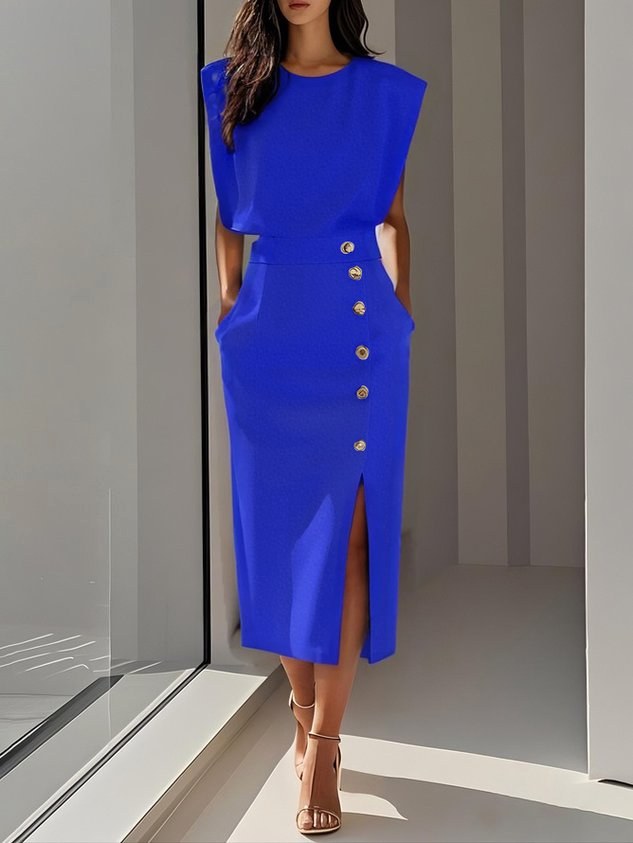 Isabelle | Damen ärmelloses Midikleid mit Knopfleiste, A-Linien-Midikleid | Nomadnts | Royal Blue