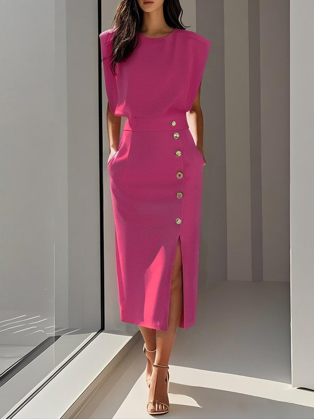 Isabelle | Damen ärmelloses Midikleid mit Knopfleiste, A-Linien-Midikleid | Nomadnts | Light Pink