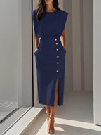 Isabelle | Damen ärmelloses Midikleid mit Knopfleiste, A-Linien-Midikleid | Nomadnts | Blue