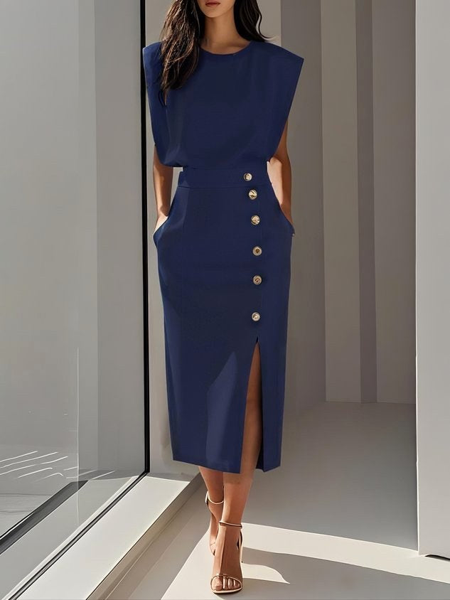 Isabelle | Damen ärmelloses Midikleid mit Knopfleiste, A-Linien-Midikleid | Nomadnts | Blue