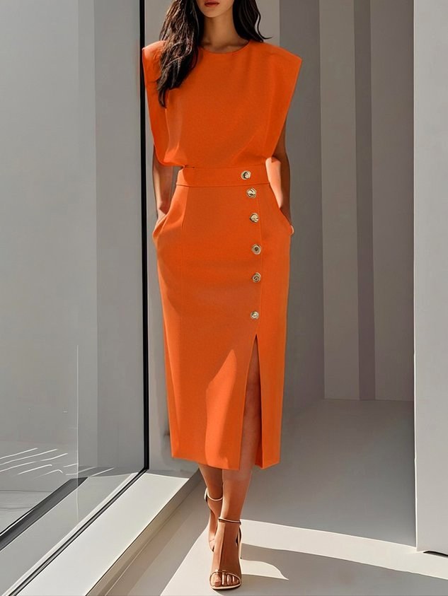 Isabelle | Damen ärmelloses Midikleid mit Knopfleiste, A-Linien-Midikleid | Nomadnts | Orange