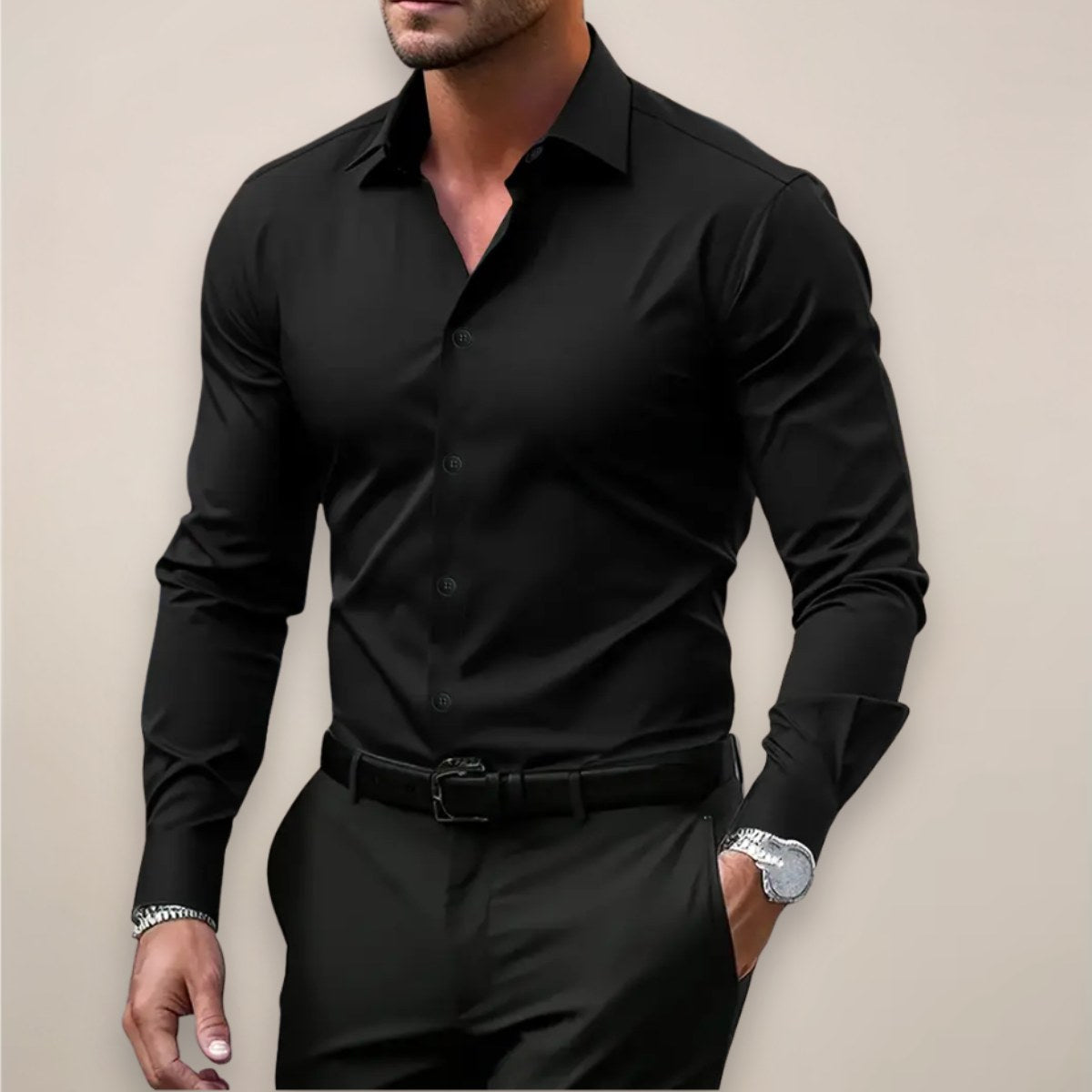 James | Herren langärmeliges elegantes Hemd, tailliert geschnittenes Businesshemd | Nomadnts | Black
